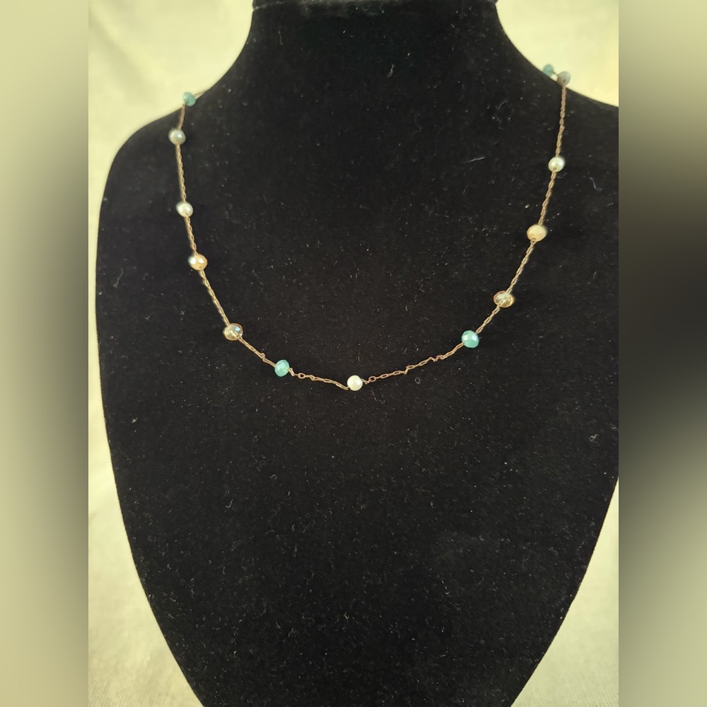 Delicate Beaded Gold-Tone Necklace with Blue and Pearl Accents